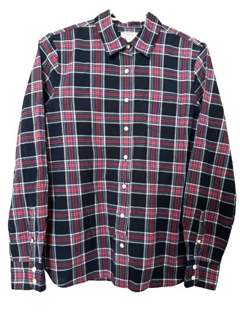 Lands’ End Canvas Women's SZ M Navy and Red Plaid Button-down Blouse 100% Cotton